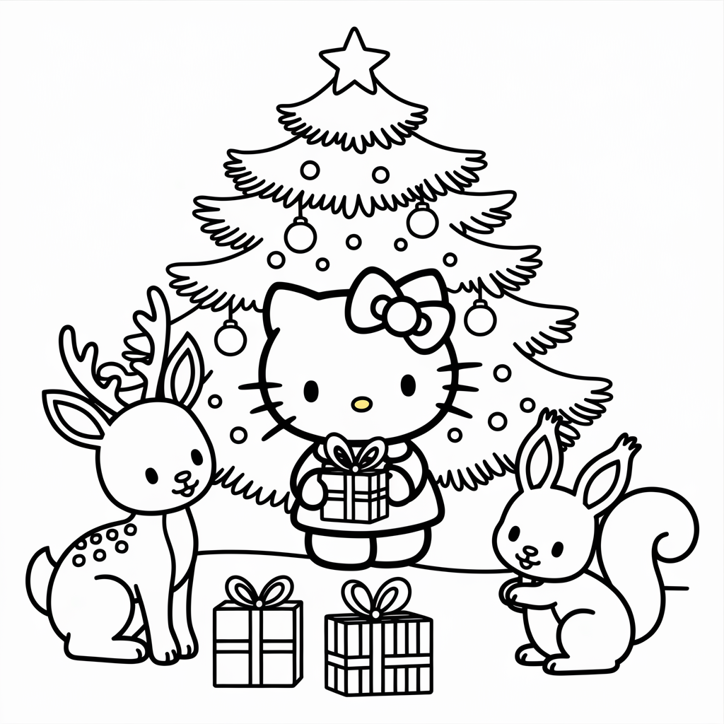 Woodland Animal Hello Kitty Christmas Coloring Pages