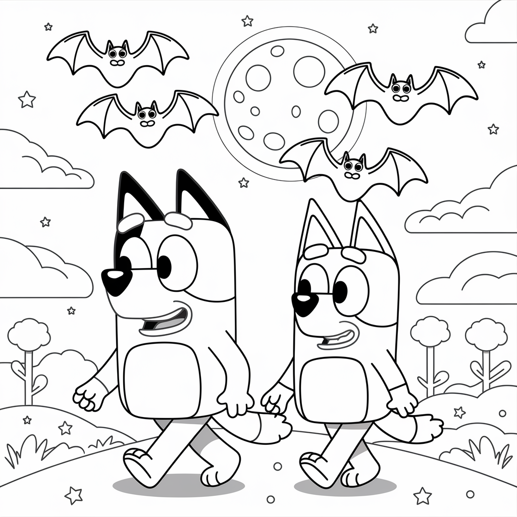 Bluey and Bingo Night Walk Coloring Pages