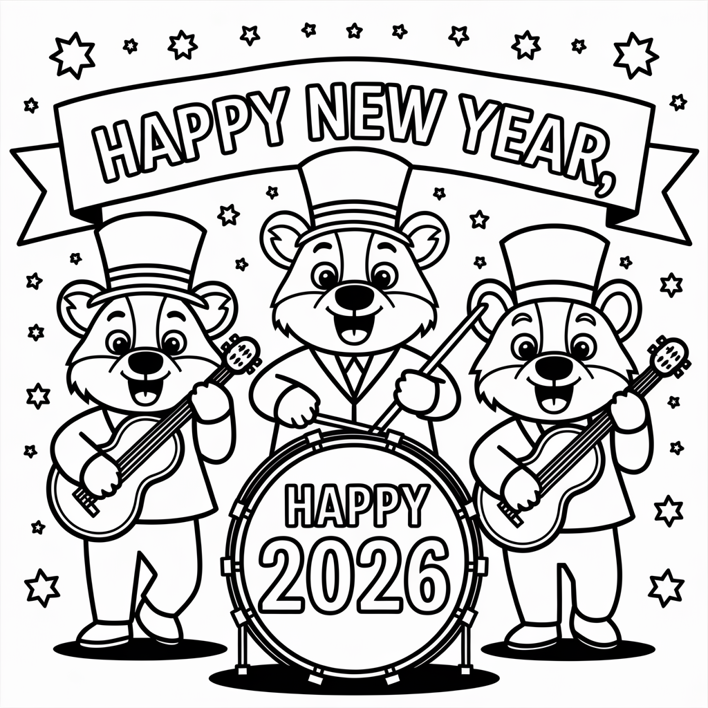 Marching Band Happy New Year 2026 Coloring Page