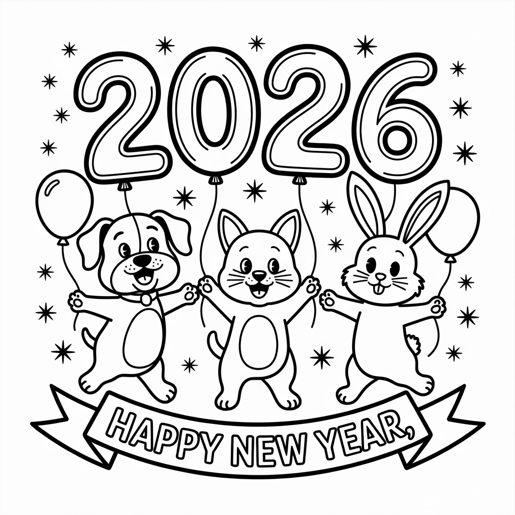 Cute Animal Happy New Year 2026 Coloring Page 