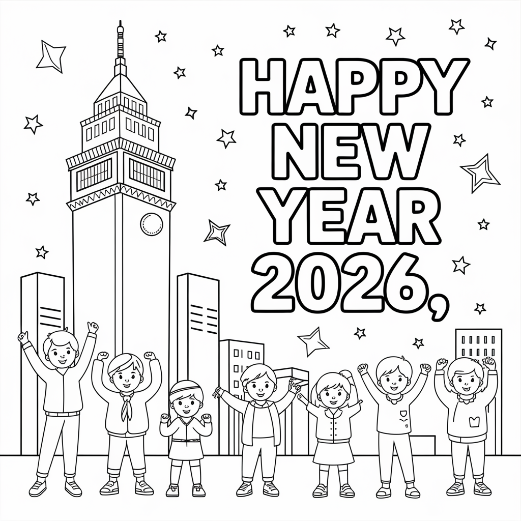 Times Square Tower Happy New Year 2026 Coloring Page