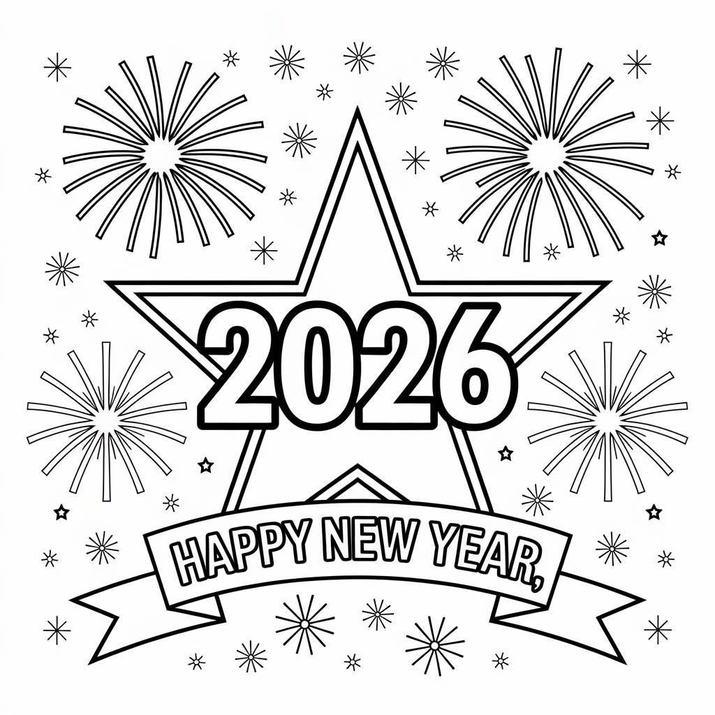 Giant Star Happy New Year 2026 Coloring Page