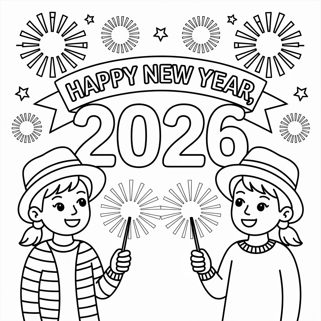 Sparkler Celebration Happy New Year 2026 Coloring Page