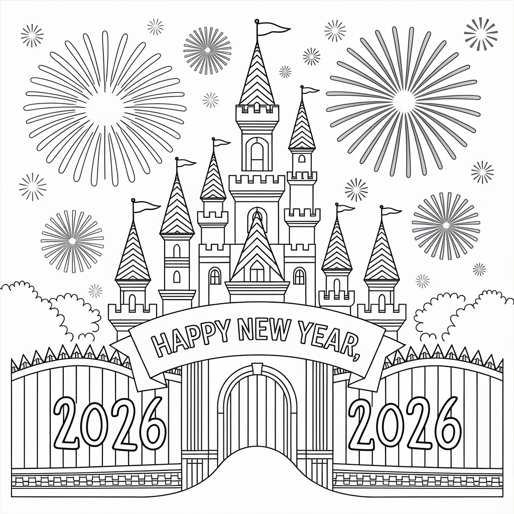 Fantasy Castle Happy New Year 2026 Coloring Page with Fireworks