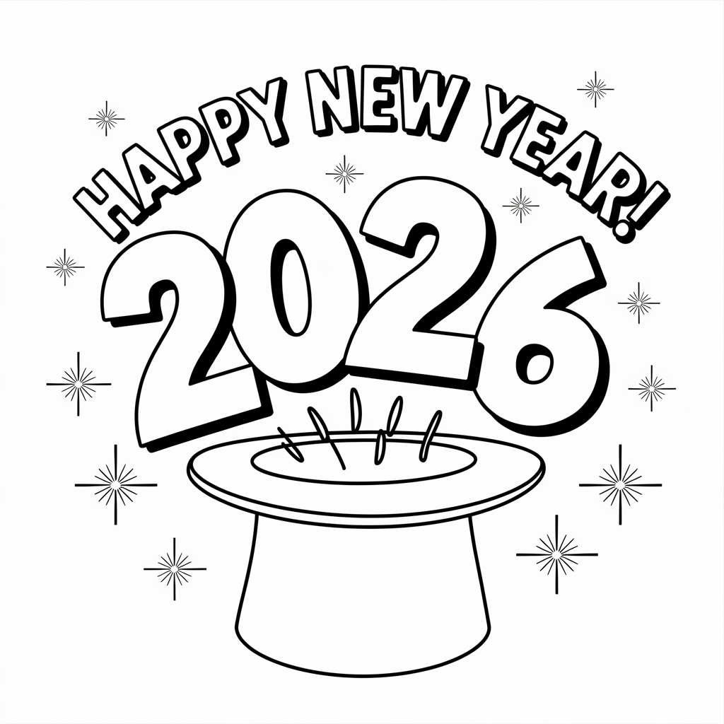 Cartoon Magician Happy New Year 2026 Coloring Page