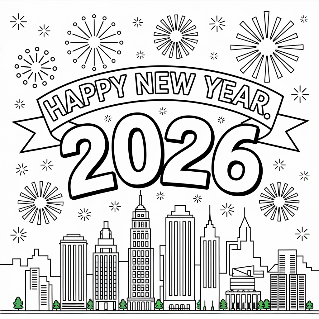 City Fireworks Happy New Year 2026 Coloring Page 