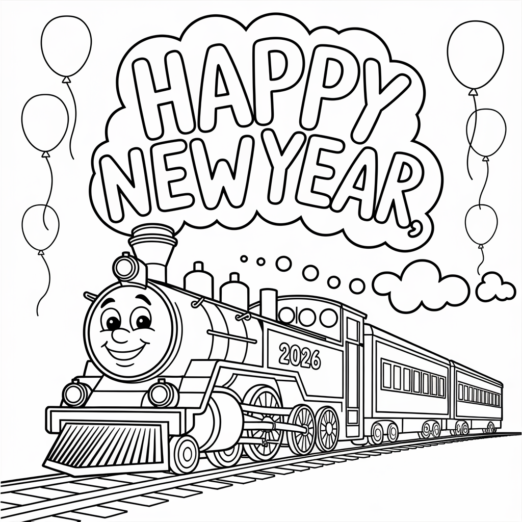 Train Ride Happy New Year 2026 Coloring Page