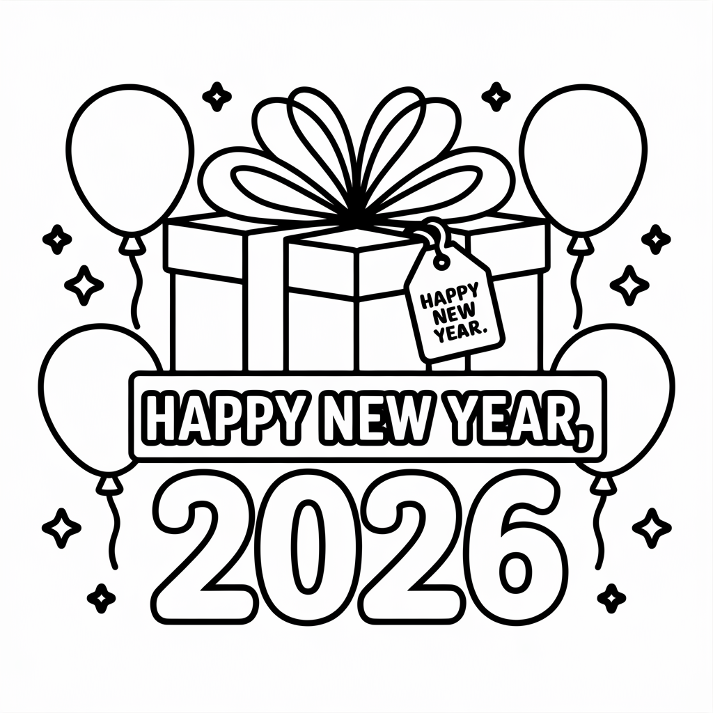 Gift Box Happy New Year 2026 Coloring Page