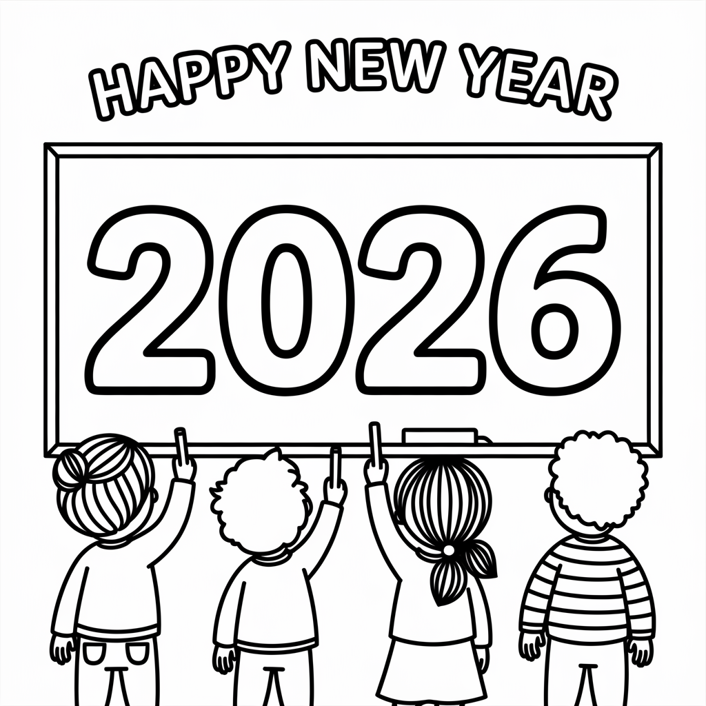 Chalkboard Happy New Year 2026 Coloring Page 