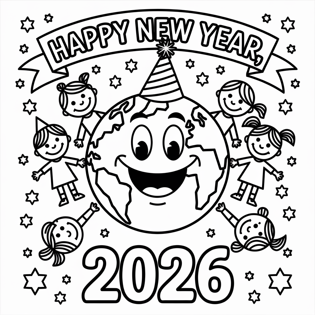 Happy New Year 2026 Coloring Page