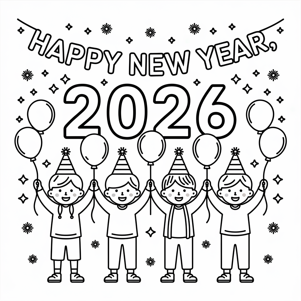 Kids’ New Year 2026 Coloring Page 