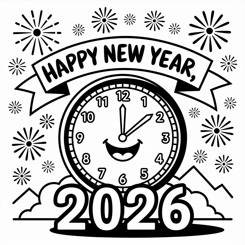 Happy New Year 2026 Coloring Page