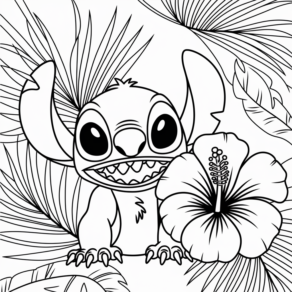 Stitch Peeking Behind Flower Coloring Page