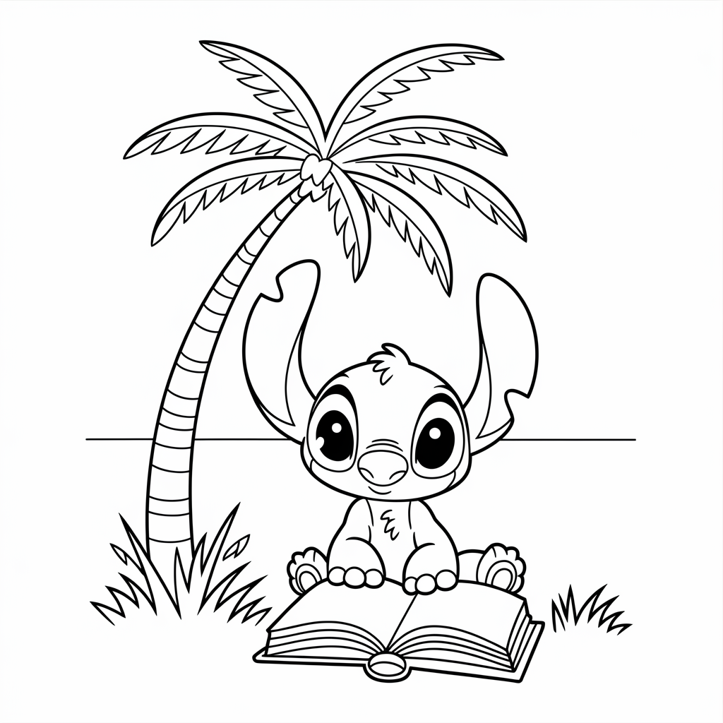 Stitch Reading a Book Coloring Pa