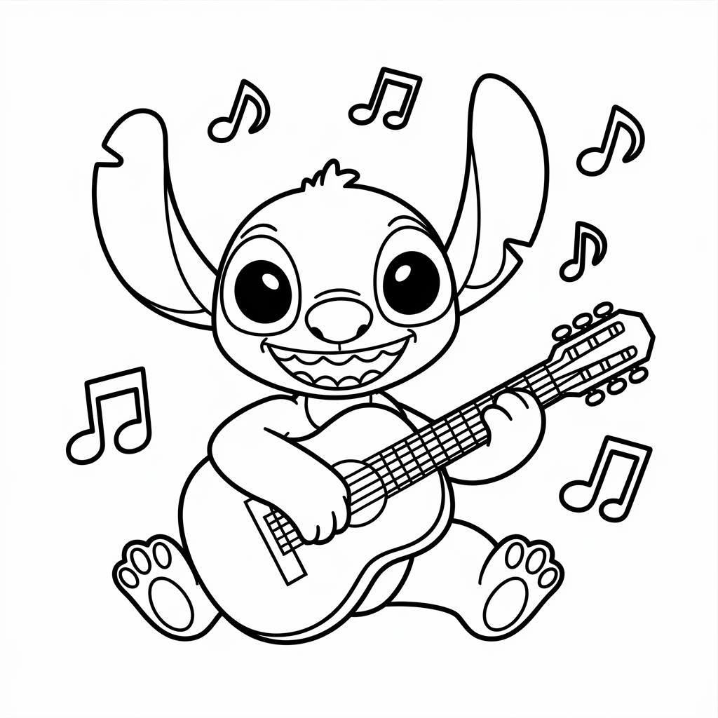  Stitch Playing Guitar Coloring Page