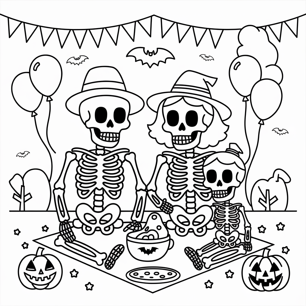 Skeleton Family Celebration Coloring Pages