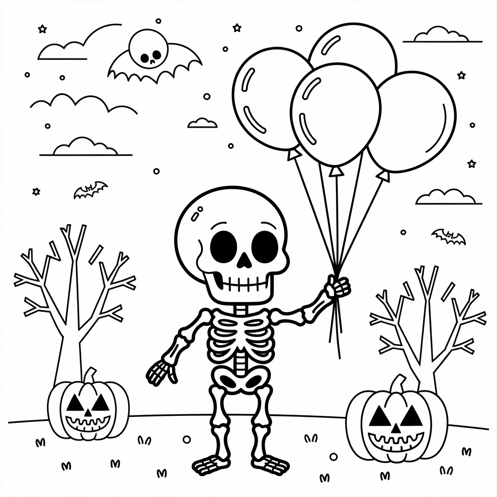 Cute Skeleton with Balloons Coloring Page 