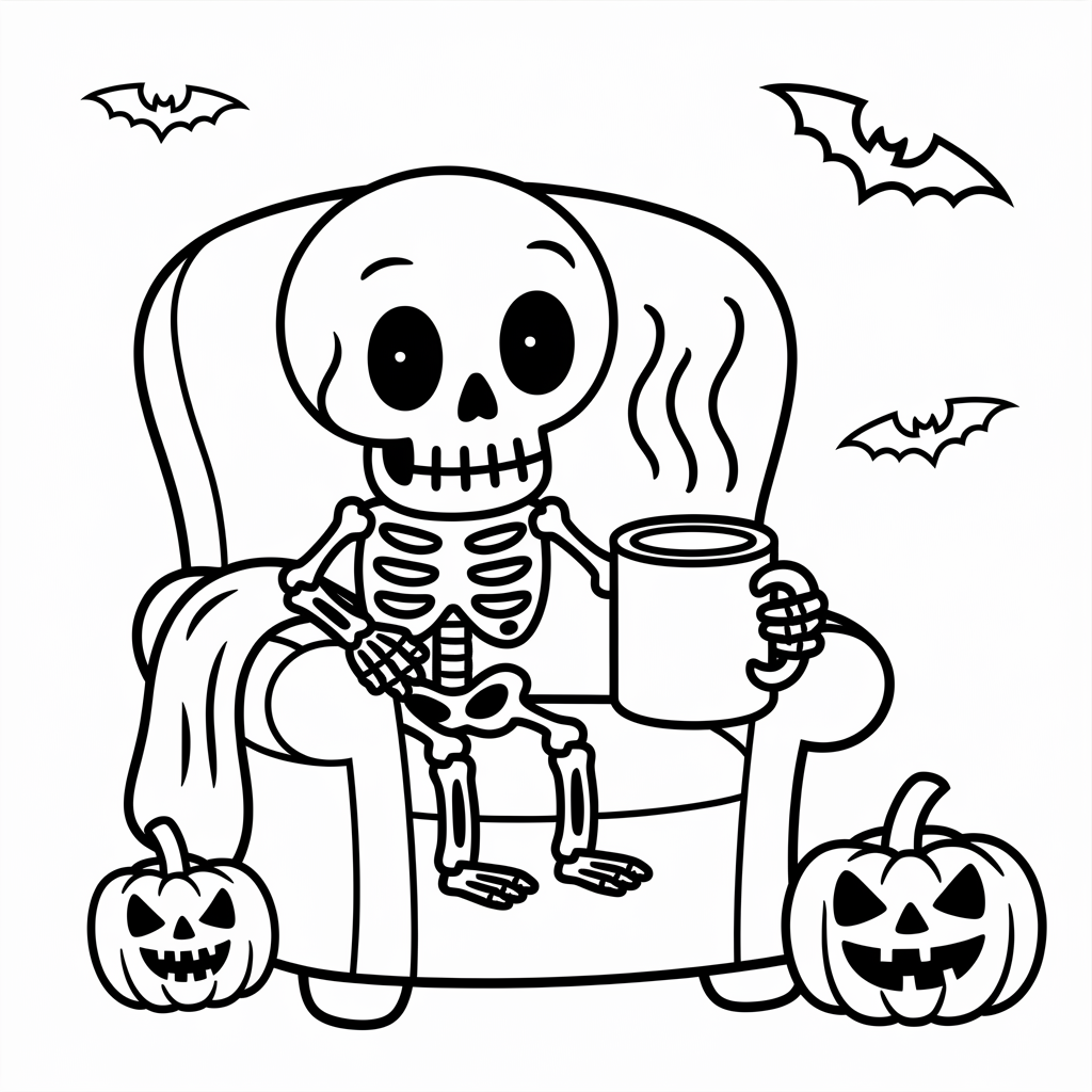 Cozy Skeleton Drinking Cocoa Coloring Page