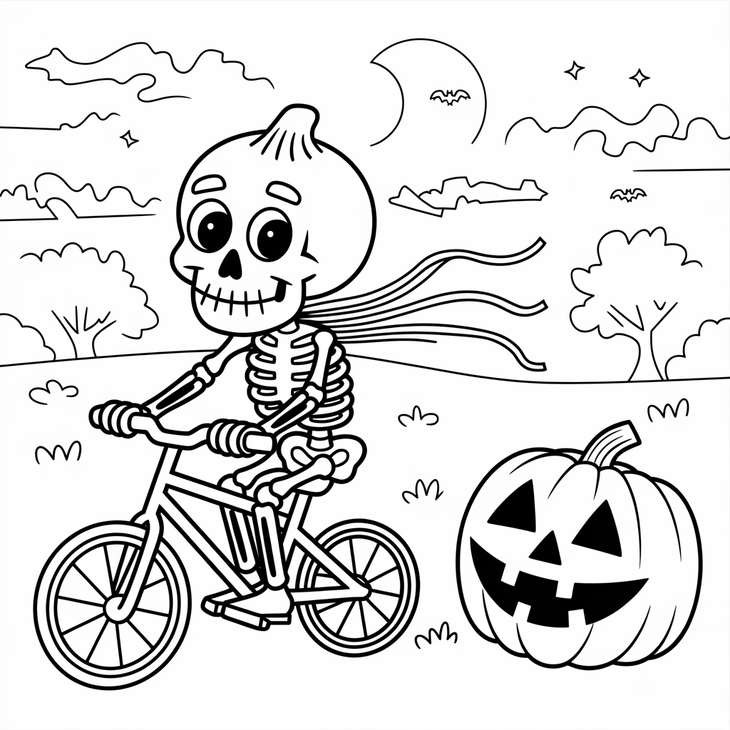 Easy Skeleton Riding Bicycle Coloring Page 