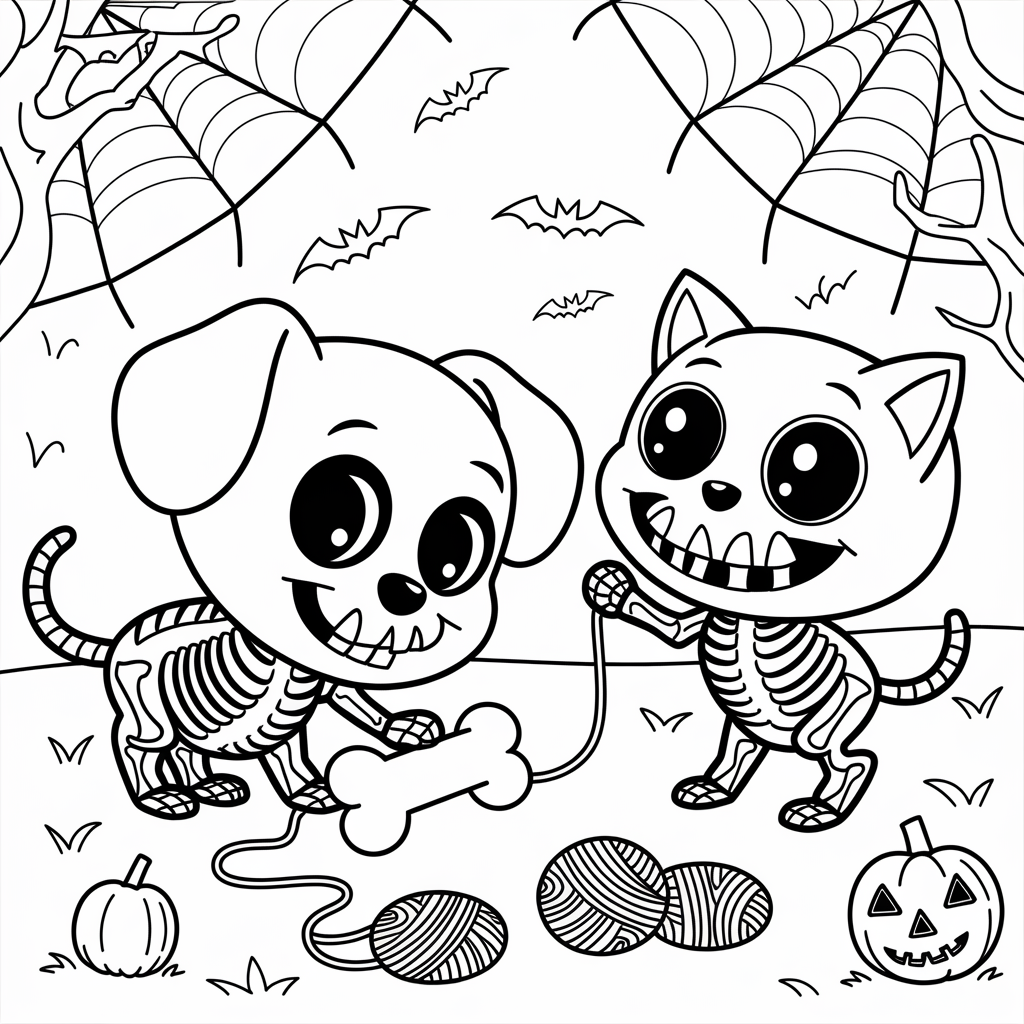 Skeleton Dog and Cat Coloring Pages 