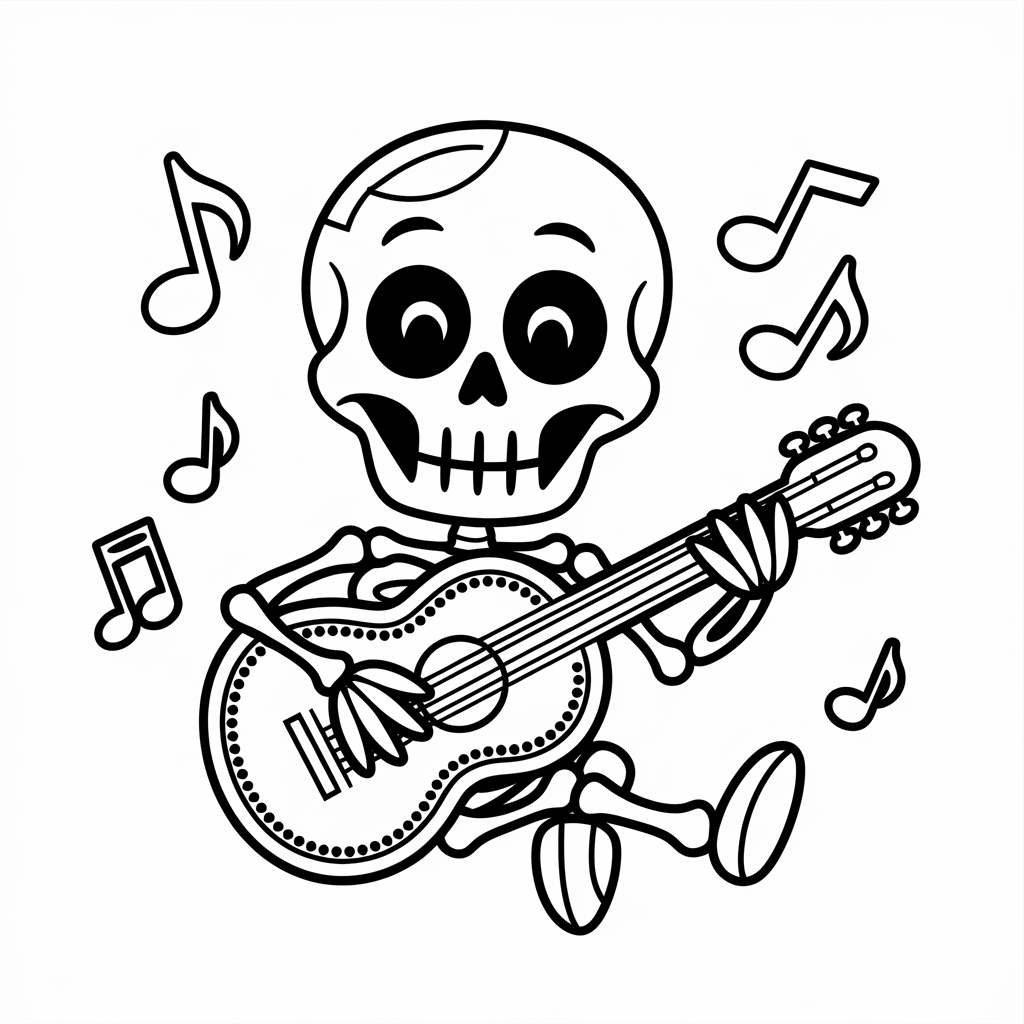 Cute Skeleton Playing Guitar Coloring Page 