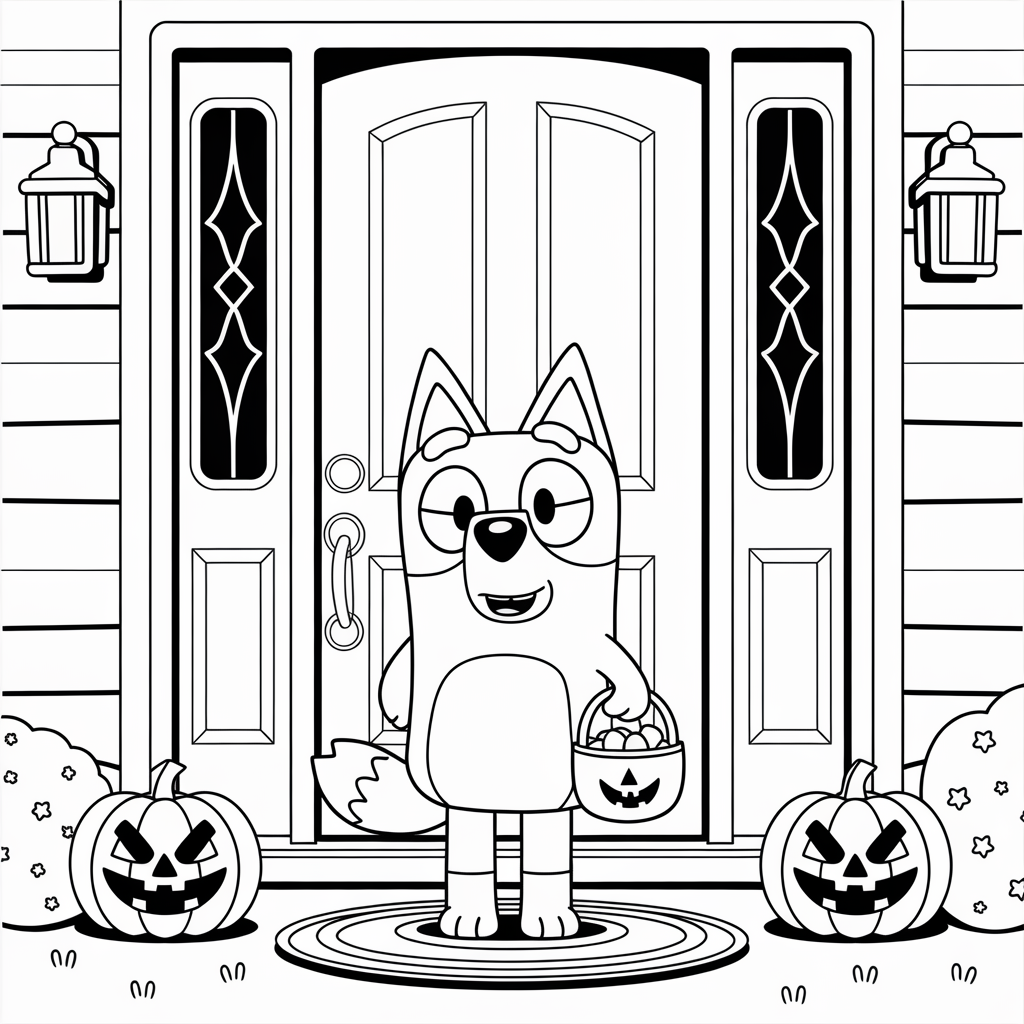 Bluey Trick-or-Treat Doorstep Coloring Pages