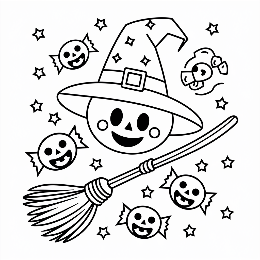 Witch’s Hat and Broom Halloween Coloring Pages for Toddlers 