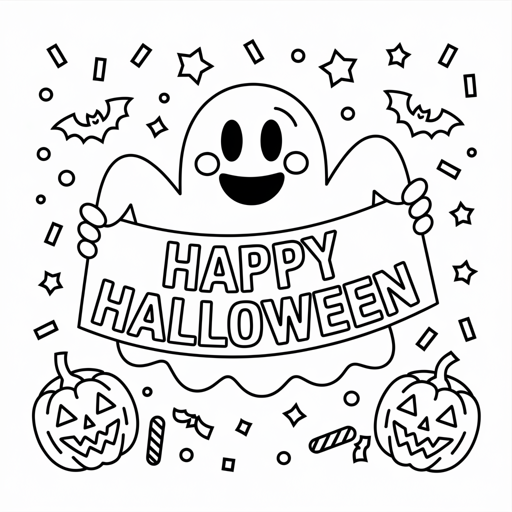  Happy Ghost with Banner Halloween Coloring Pages for Toddlers