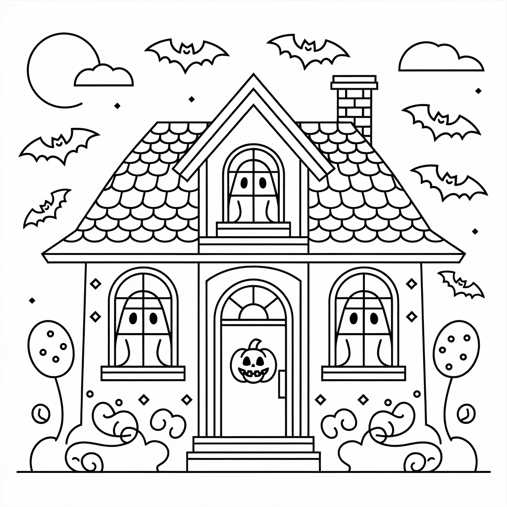 Friendly Haunted House Halloween Coloring Pages for Toddlers 