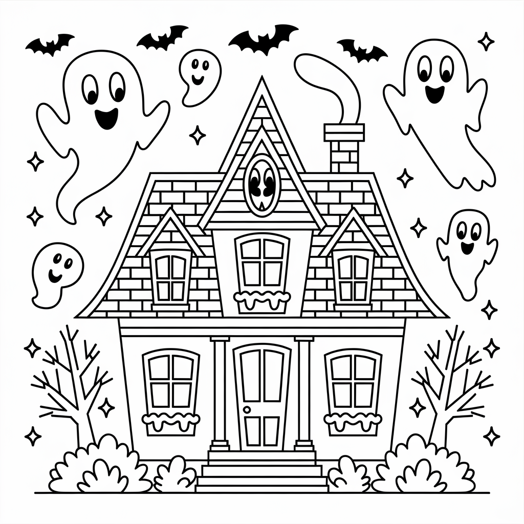 Smiling Haunted House Halloween Coloring Pages for Toddlers 