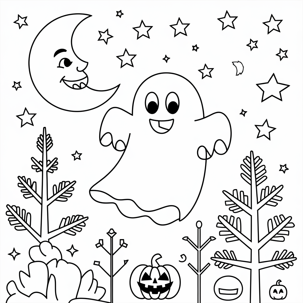 Happy Ghost and Moon Halloween Coloring Pages for Toddlers to Print