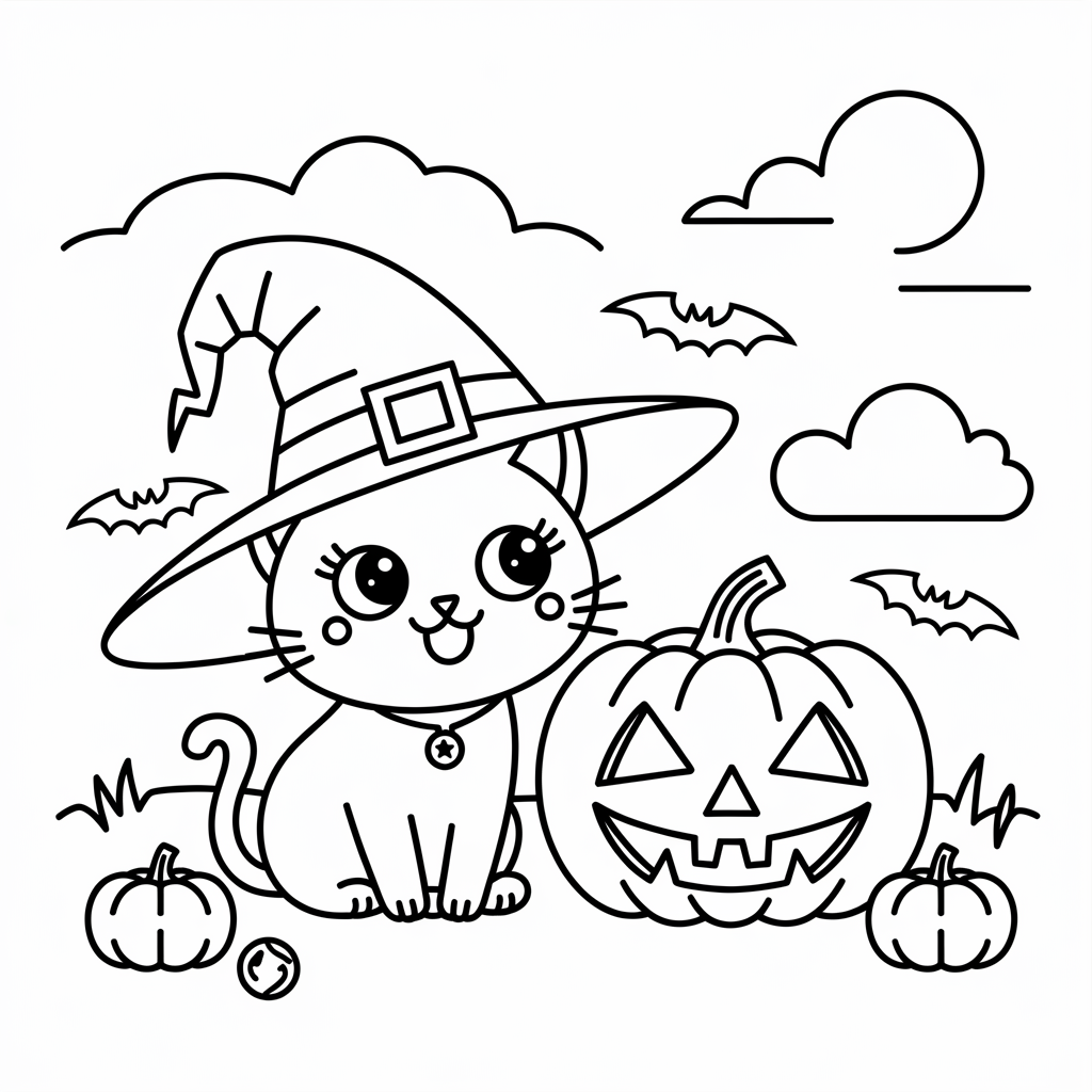 Kawaii Cat Halloween Coloring Pages for Toddlers