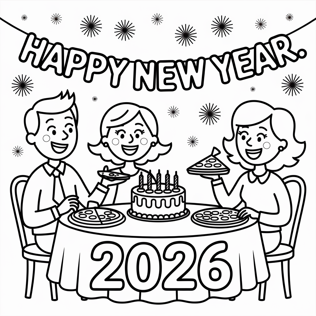 Cartoon Family Happy New Year 2026 Coloring Page – Party Dinner Scene