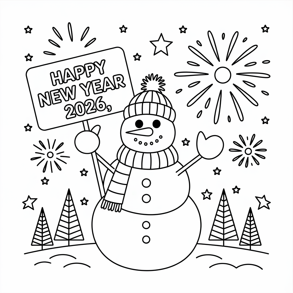 Cute Snowman Happy New Year 2026 Coloring Page for Kids