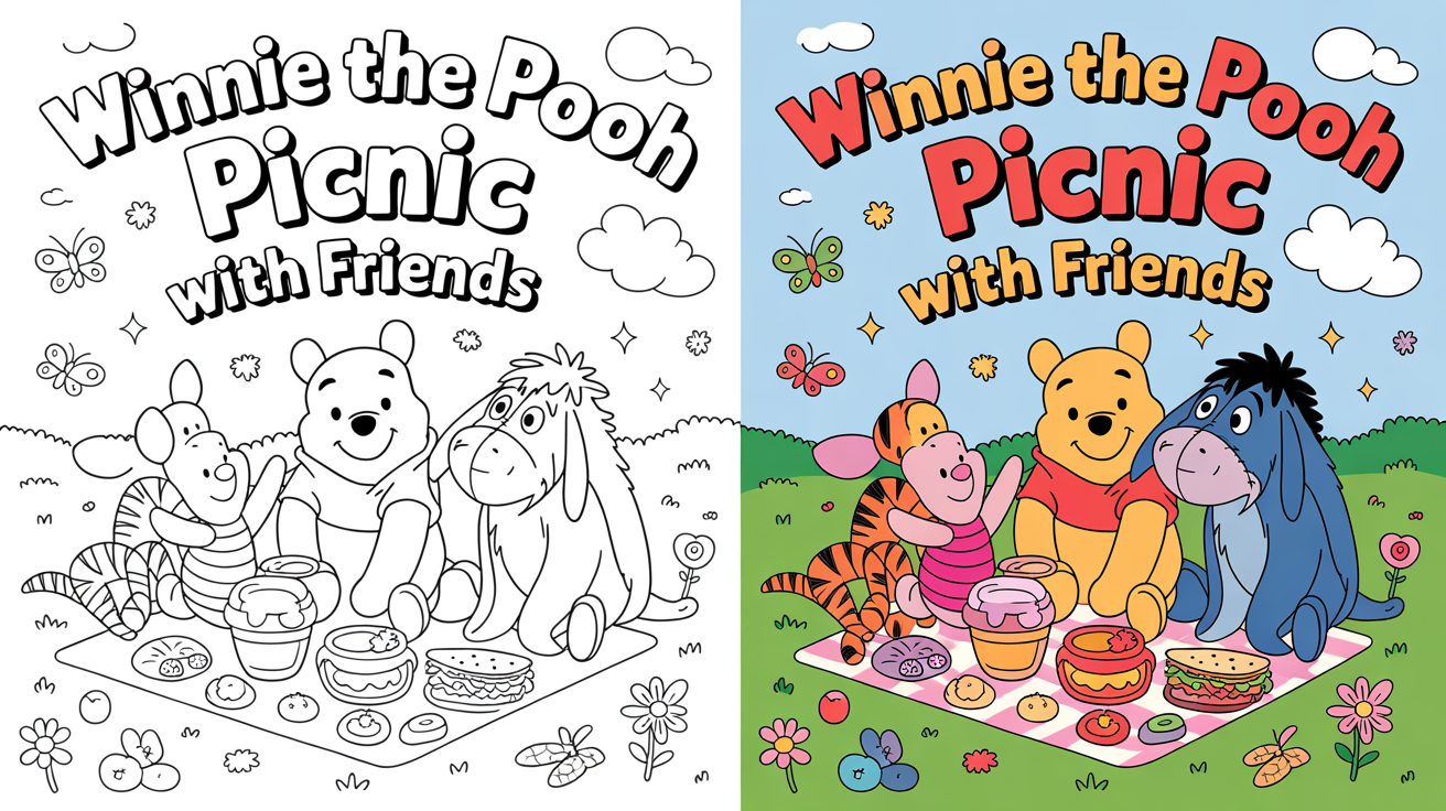 winnie the pooh picnic with friends coloring pages
